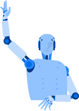 Urban android robot raises his hand up and greets