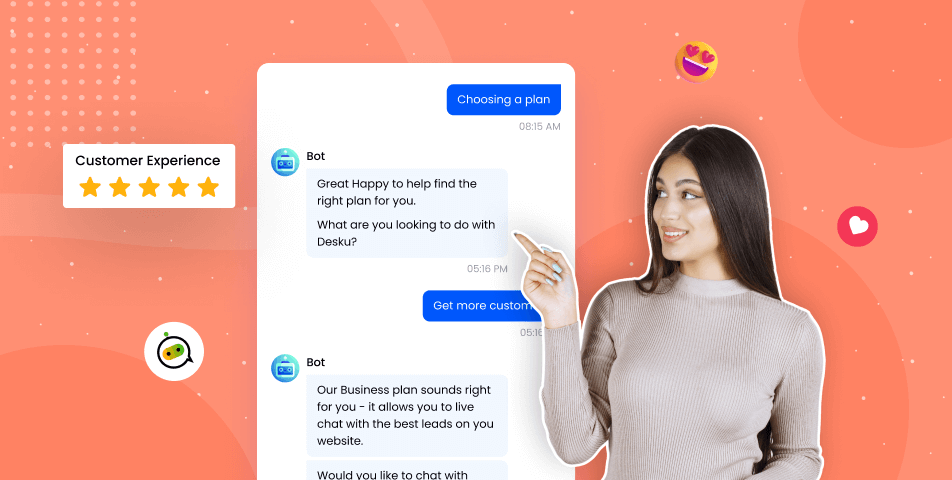 A woman is standing next to a customer service app, providing an AI Experience.