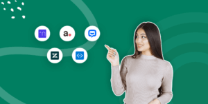 A woman is pointing to a green background with various social media icons related to the best AI chatbots.