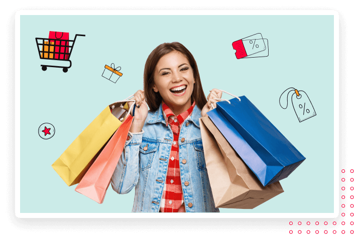 A retail woman with shopping bags holding them up.