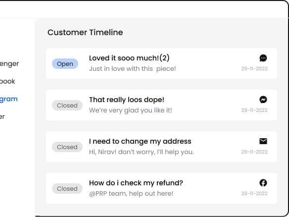 A screenshot of the customer timeline in social media inbox software.