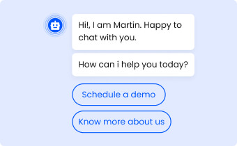 A chatbot with the text, i'm martin happy chat, how can i help you today? Provides self service assistance.