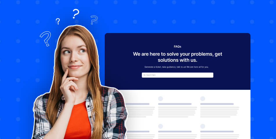 An effective FAQ page with a woman on a blue background, pondering a question.