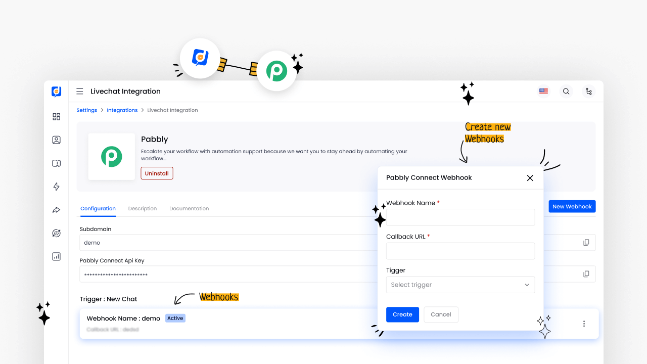 A screen shot of a google docs page with arrows pointing to different parts of the page featuring the integration tool Pabbly Connect.