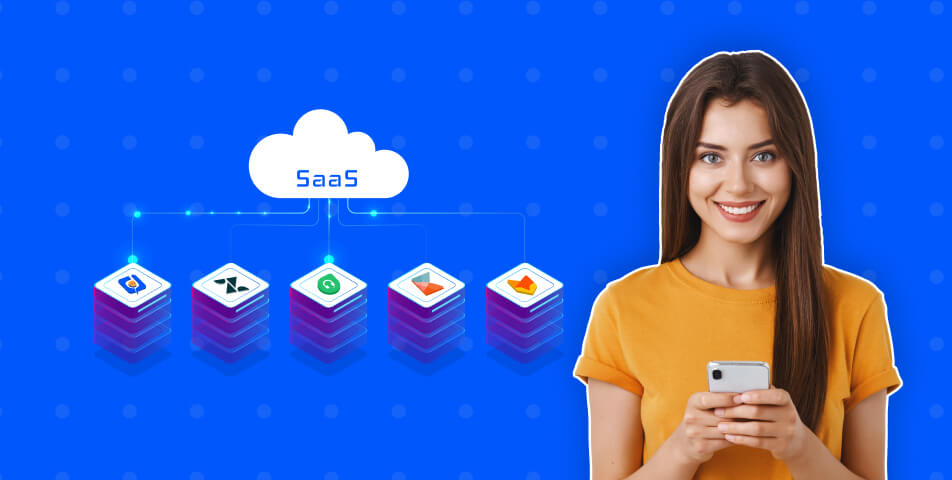 A woman using Saas Help Desk Software on her cell phone in front of a cloud.
