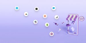 A purple background with a lot of Ecommerce icons flying around.