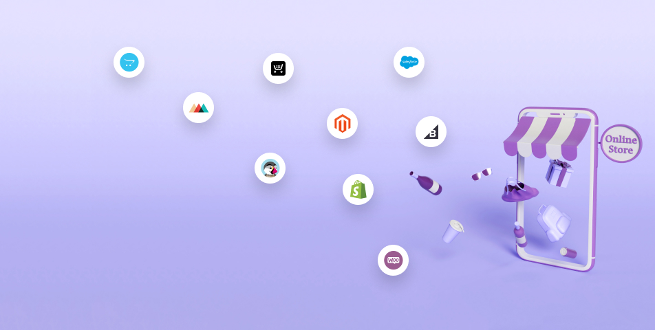 A purple background with a lot of Ecommerce icons flying around.