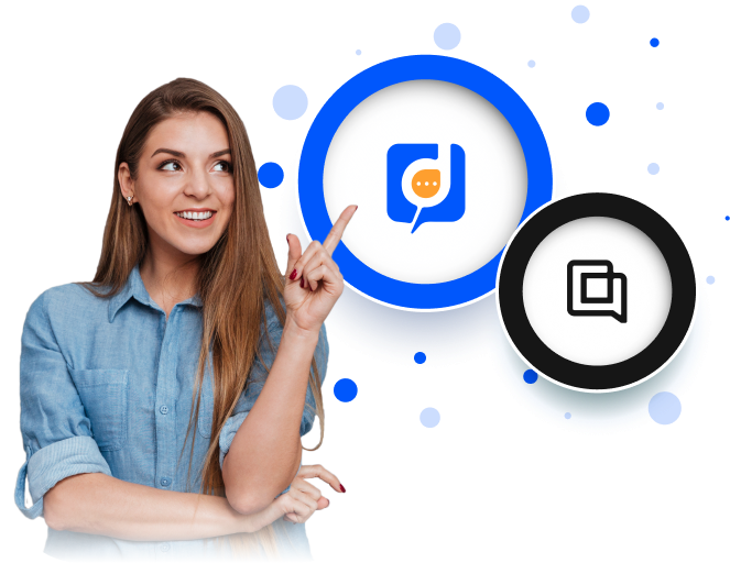 A woman is pointing to a blue circle with a bitcoin icon on it while using desku for analysis.