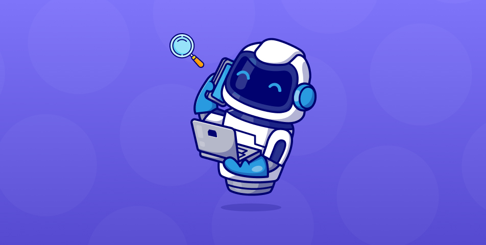 A cartoon recruitment chatbot holding a laptop on a purple background.