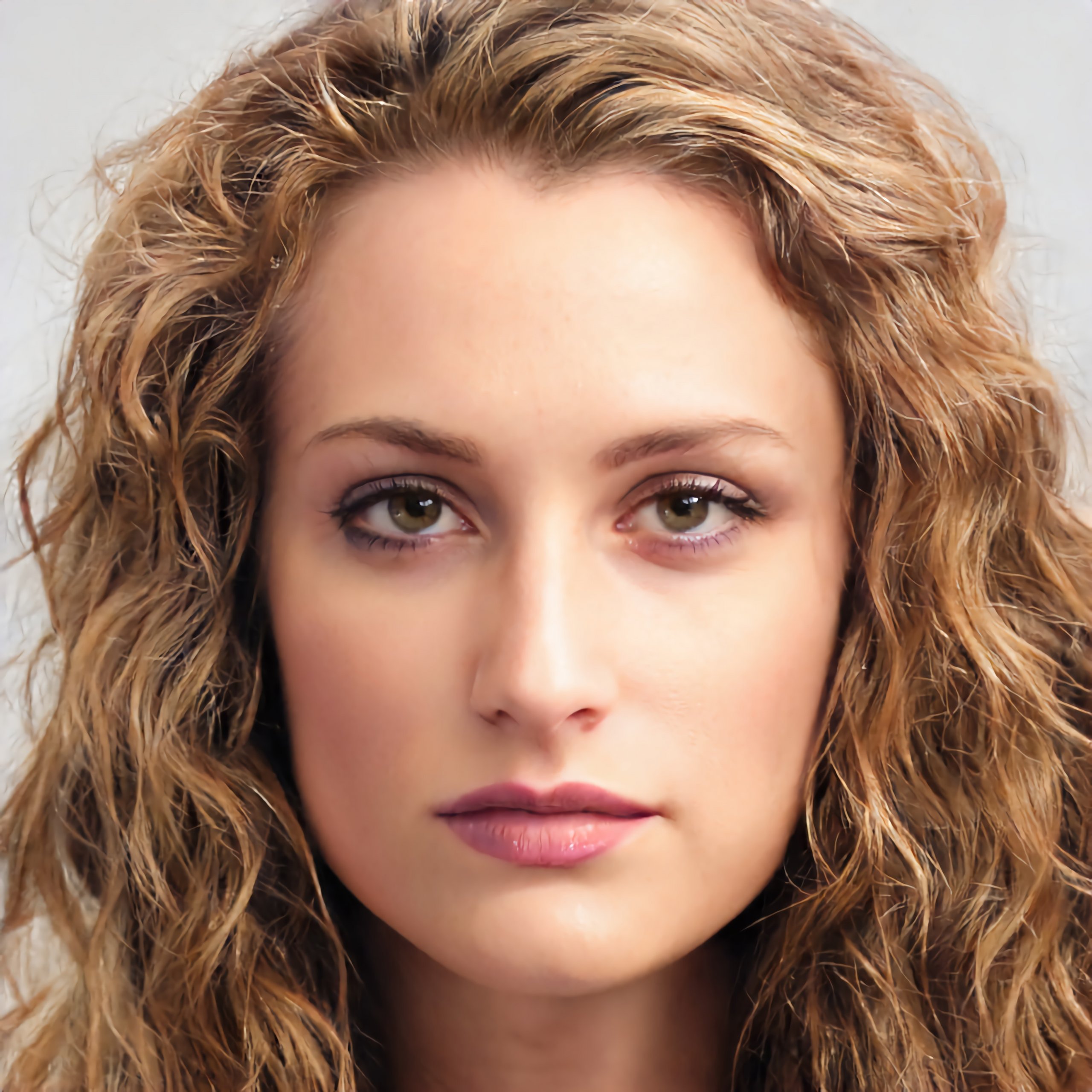 A woman with long curly hair is posing for a photo with desku.