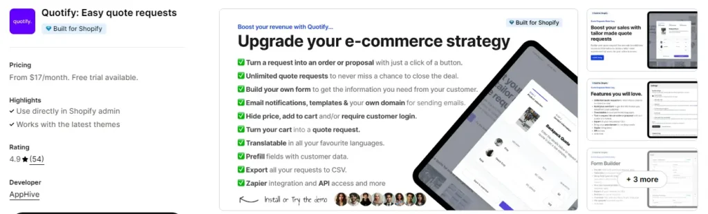 Quotify quote requests and product registration