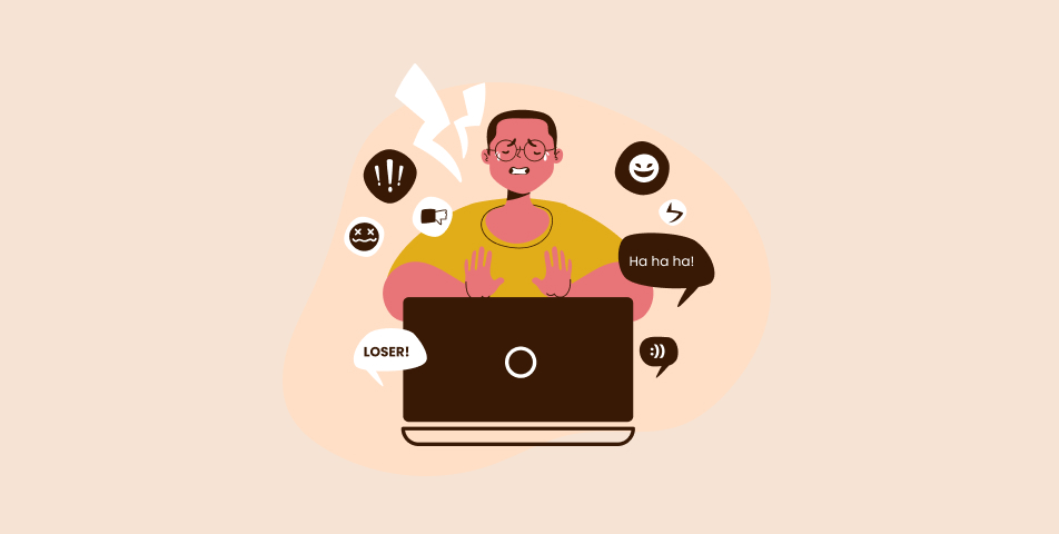 A cartoon illustration of a man working on a laptop, engaged in social media challenges.
