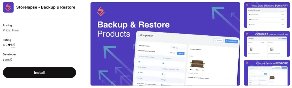 Storelapse – free shopify backup app for product data