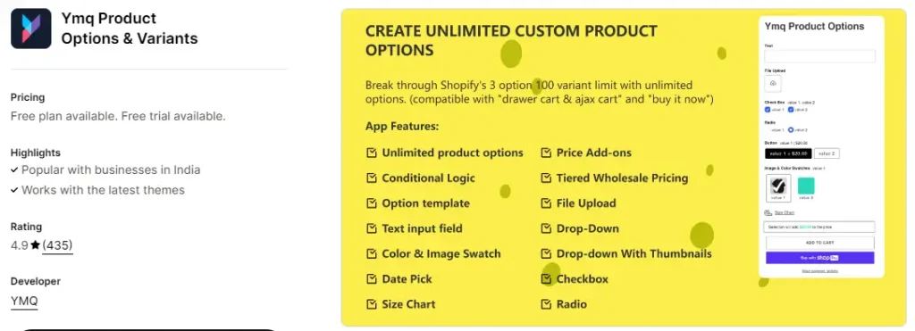 Ymq product options variants