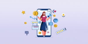 An illustration of a woman holding a mobile phone with icons on it, demonstrating customer engagement strategies.