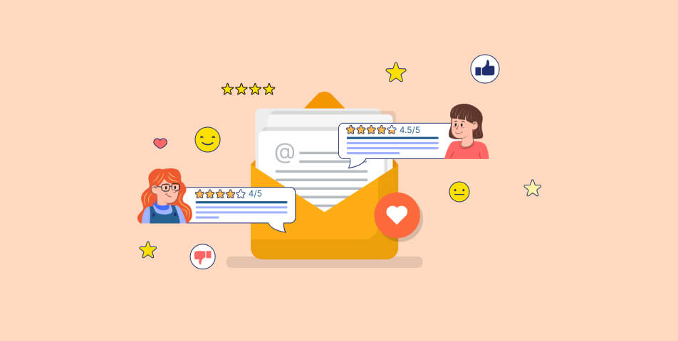 An email with a person providing customer feedback accompanied by a star and a smiley face.