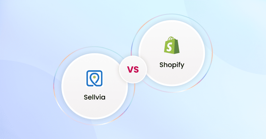 Two logos featuring the words sellvia vs shopify.