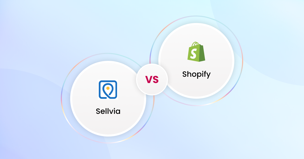 Two logos featuring the words sellvia vs shopify.