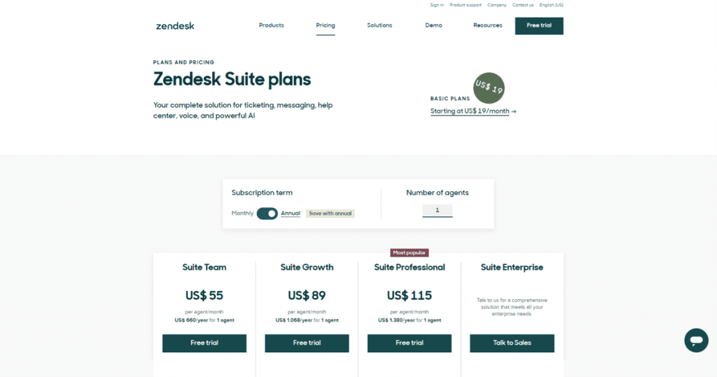 Zendesk pricing