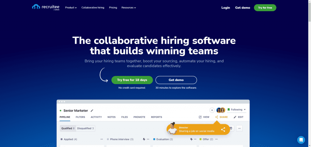 An ats landing page for a collaborative hiring software that builds winning teams.