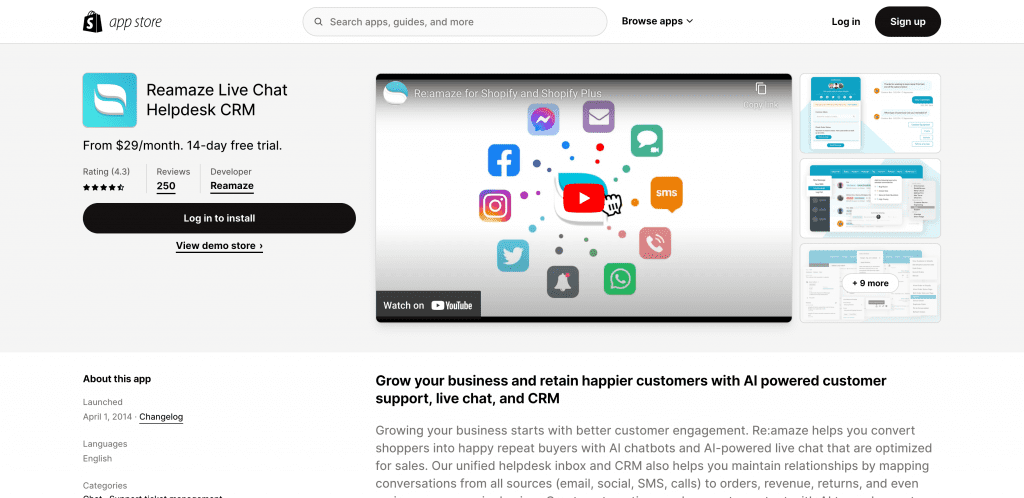 The homepage of a website with social media icons and Shopify Live Chat Apps.
