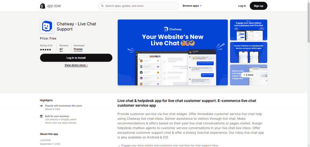 The homepage of a website with a blue and white design features a chatbot for shopify.