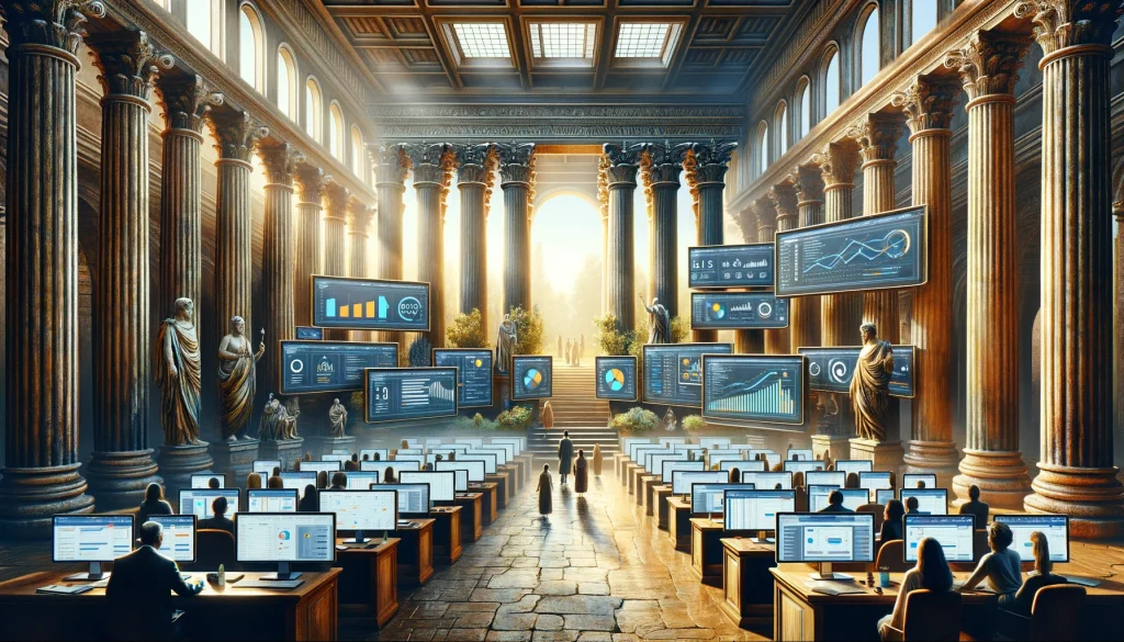 An image of a large room with many computers and monitors, featuring ChatGPT.