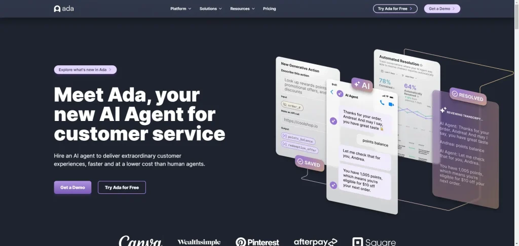 Ai powered customer service automation platform ada