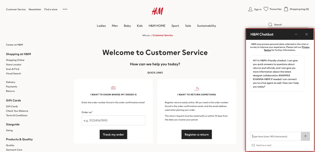 Customer service help support h m in