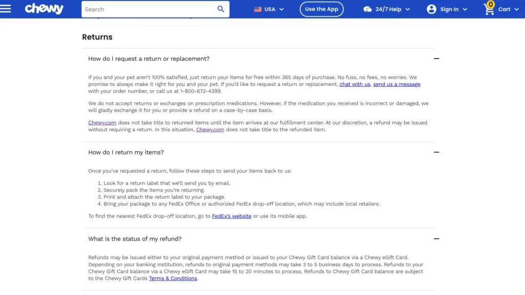 Chewy return policy example